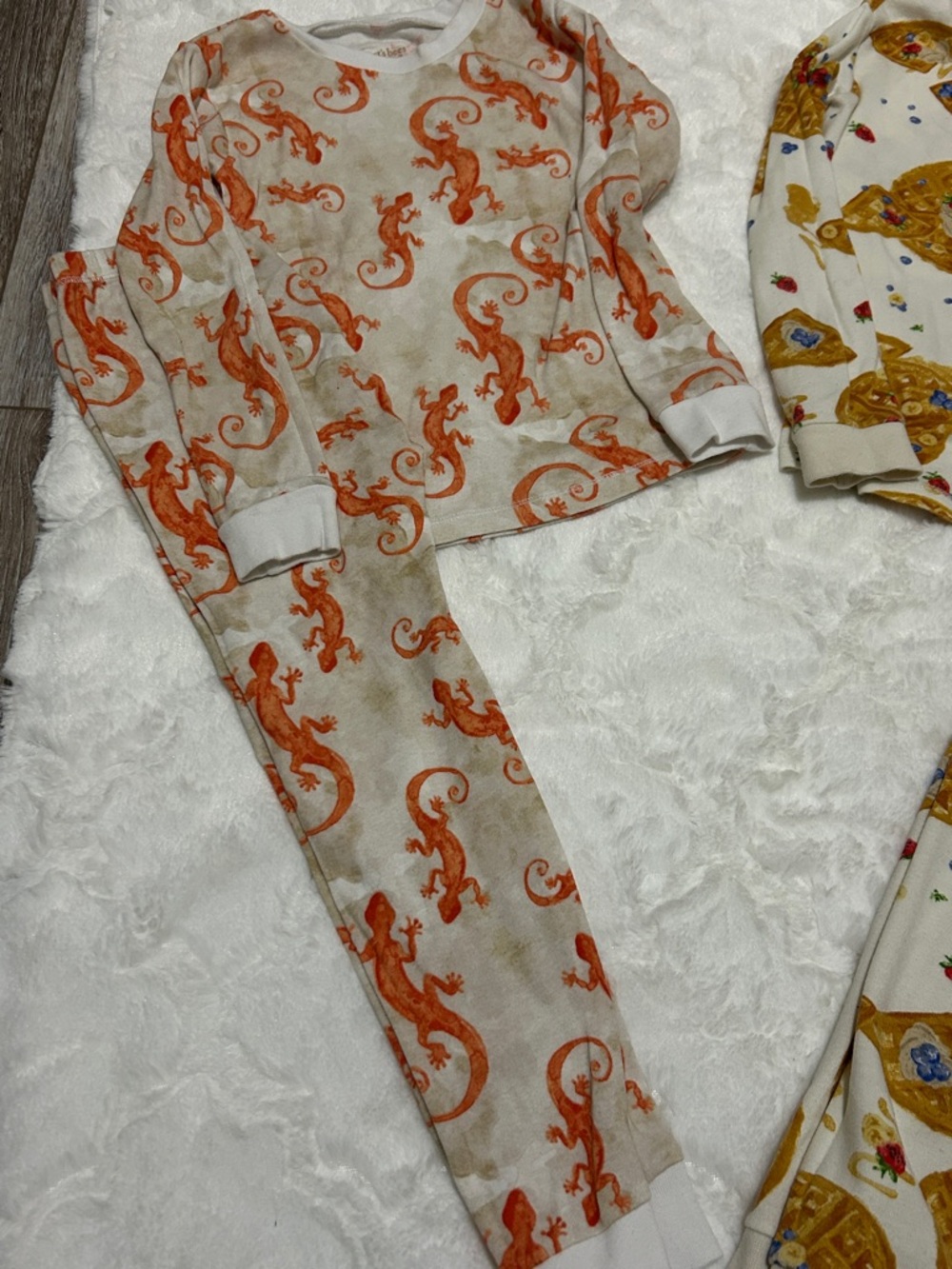 Cozy Kids Pajama Set - Orange Lizard & Mustard Waffle Prints - Picture 4 of 5